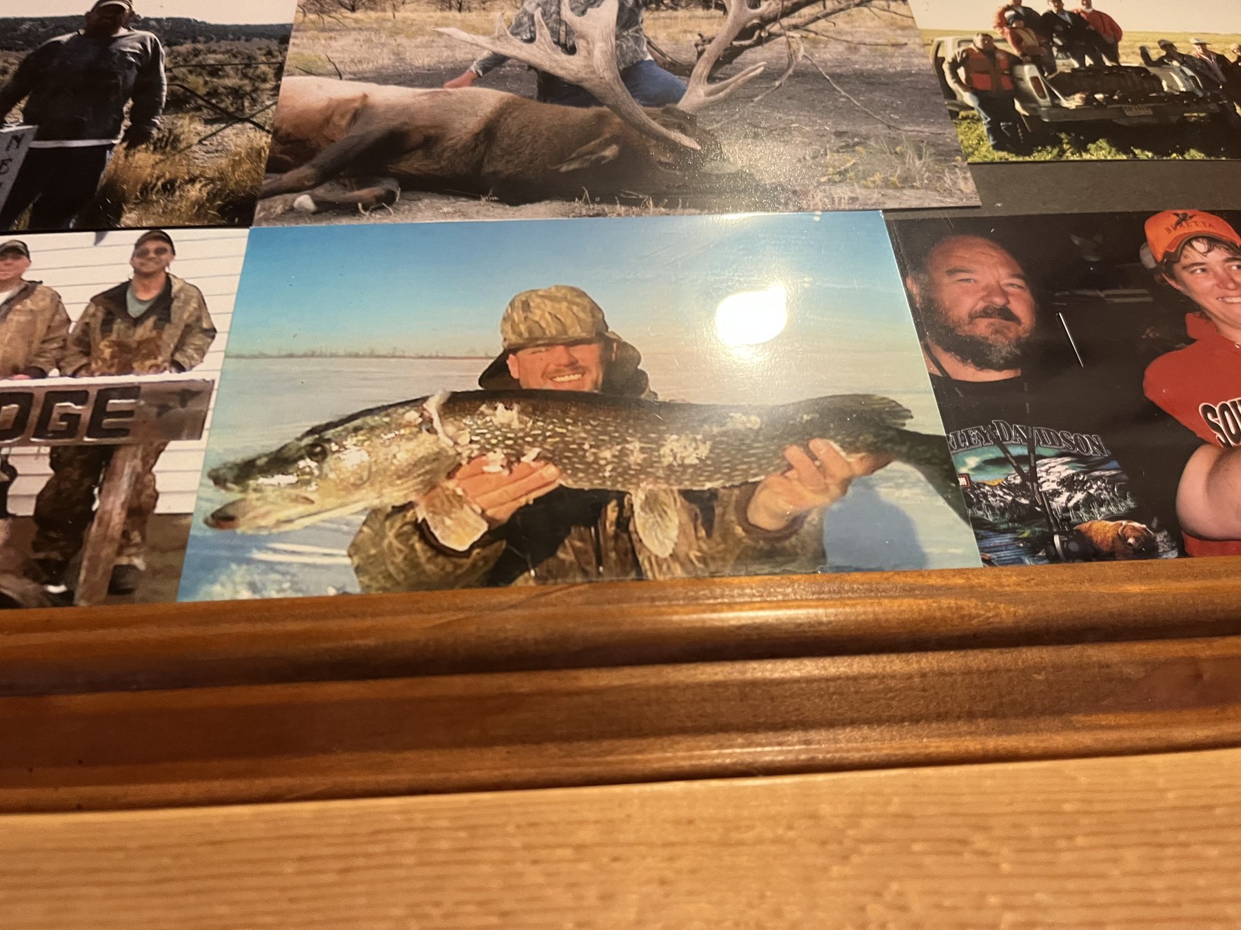 Wall of framed fishing photos at Double Barrel